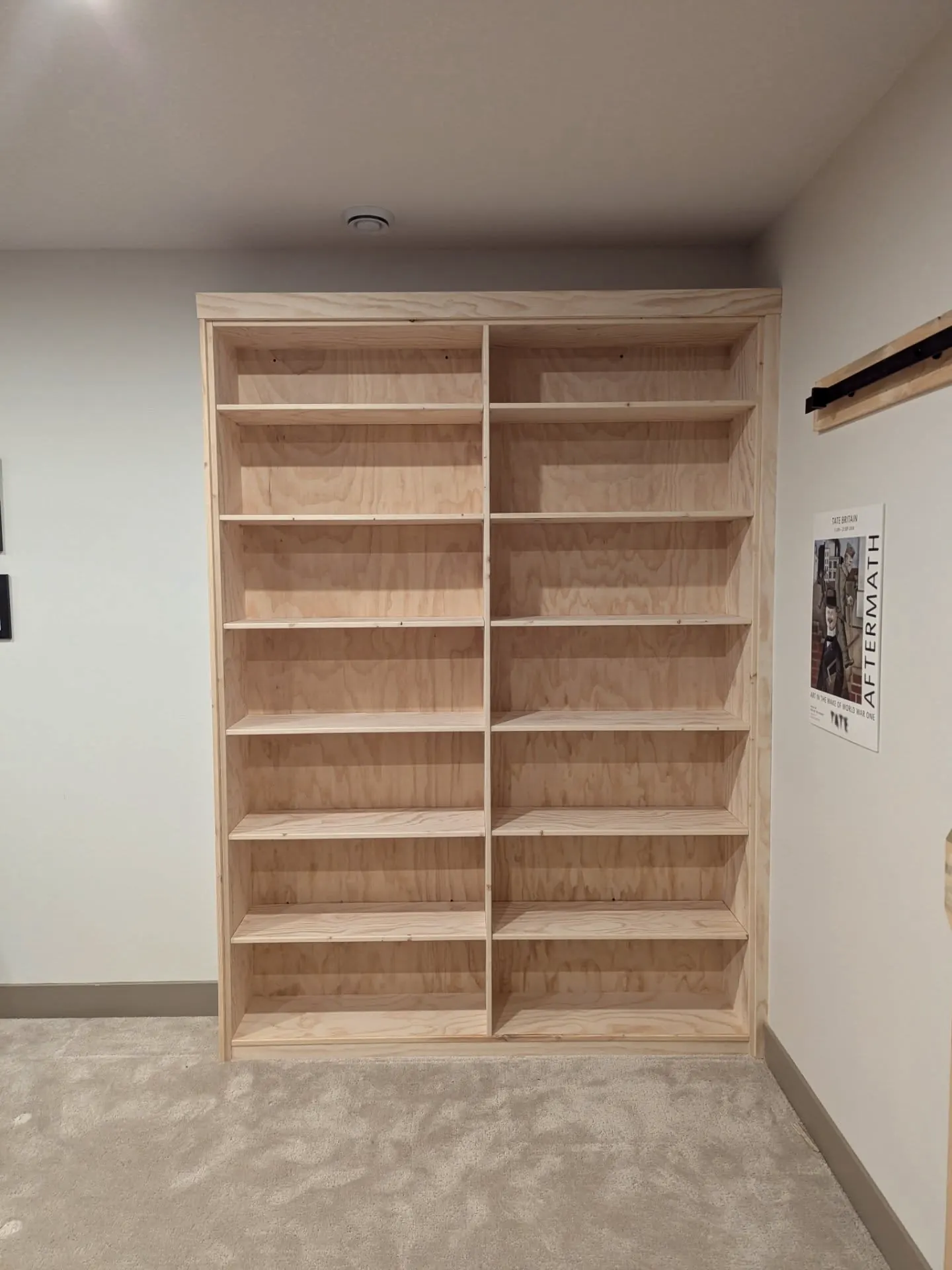 Tall built-in plywood bookshelf