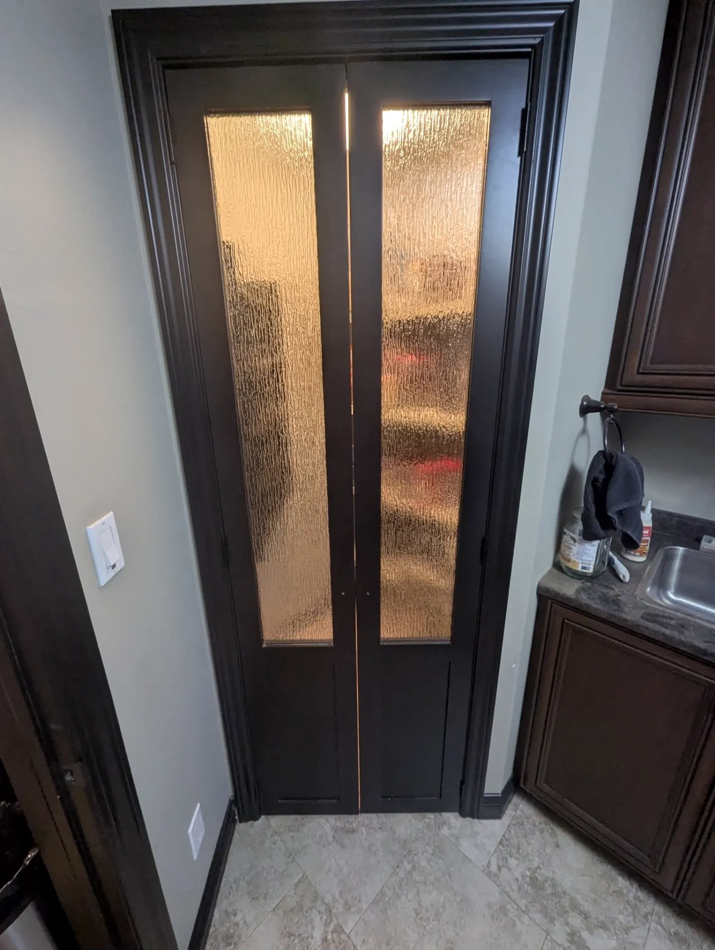 Dark pantry doors with frosted glass panels