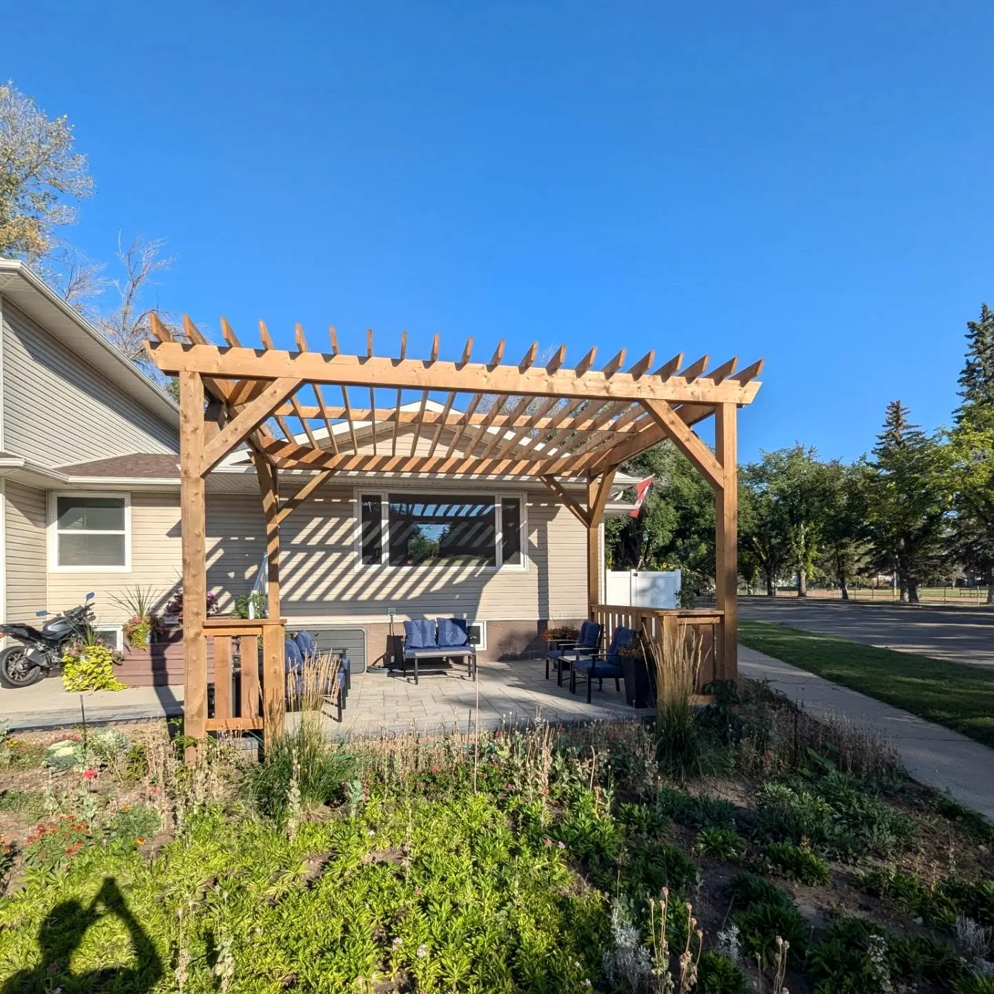 Pergola and patio from the yard