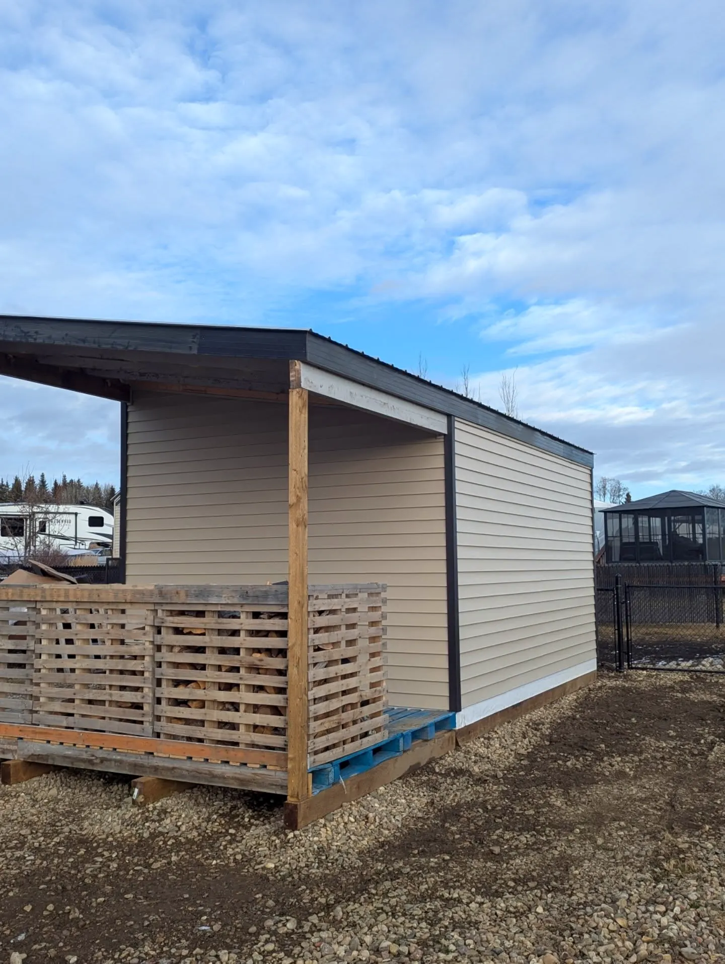 Covered porch with slat skirting